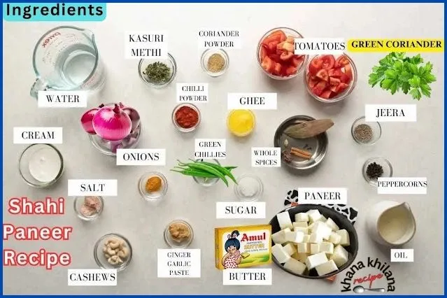 Shahi Paneer Recipe Ingredients