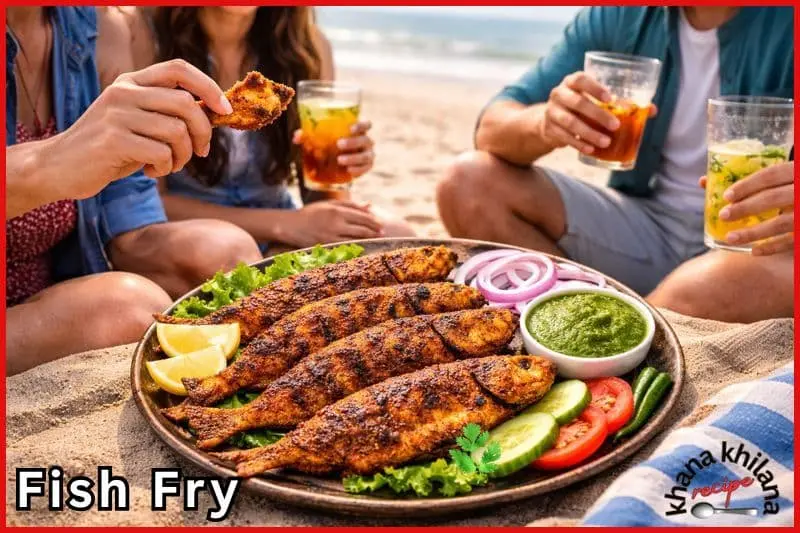 समुद्र किनारे बैठे लोग गरमागरम फिश फ्राई खाते हुए