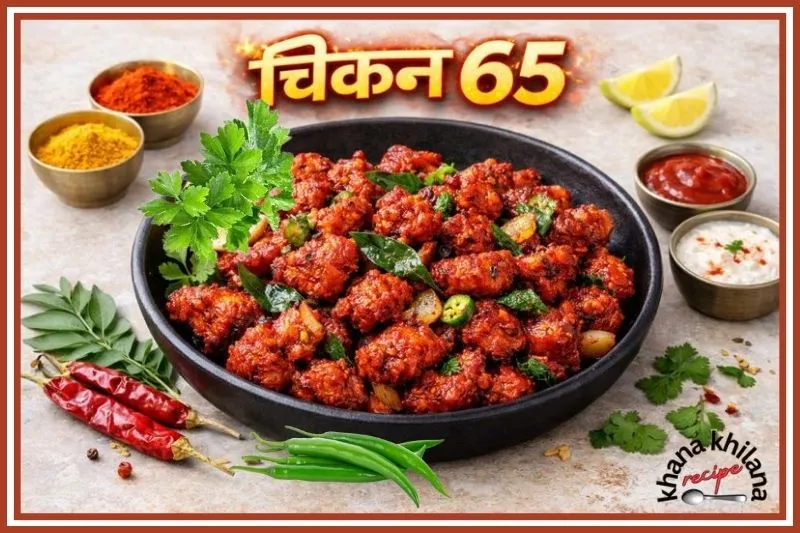 बाउल में परोसी गई मसालेदार क्रिस्पी चिकन 65 रेसिपी, खूबसूरत गार्निशिंग के साथ