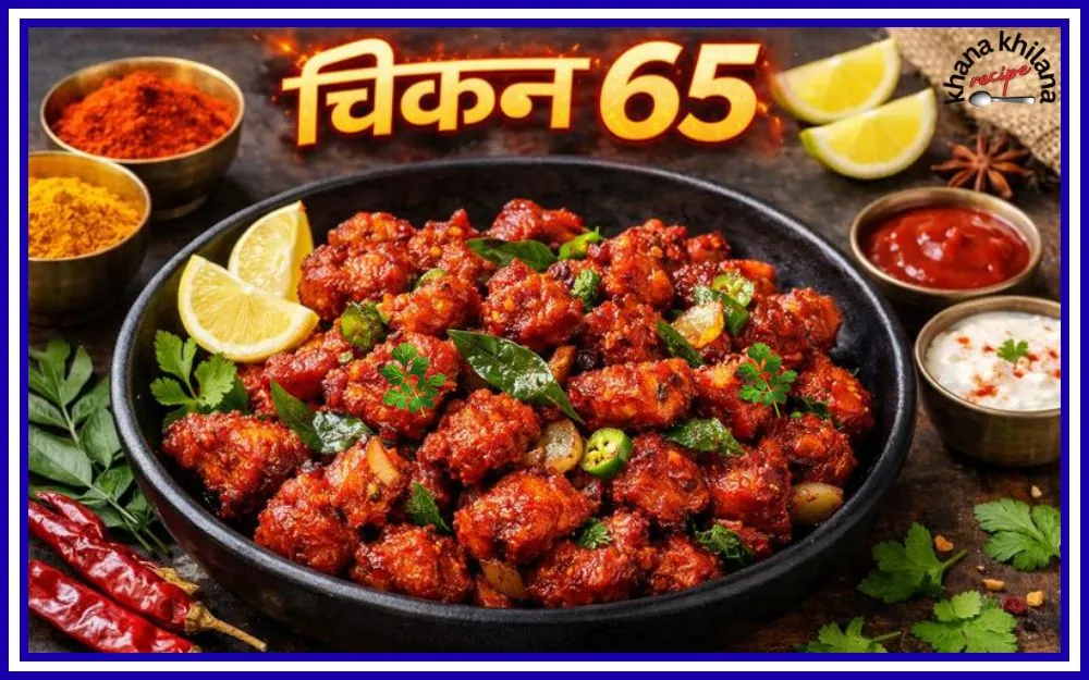 Chicken 65 के साथ गार्निश किया हुआ Spicy Deep Fried Chicken Dish