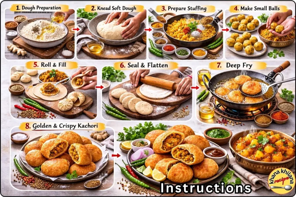 खस्ता कचौरी रेसिपी की पूरी बनाने की प्रक्रिया