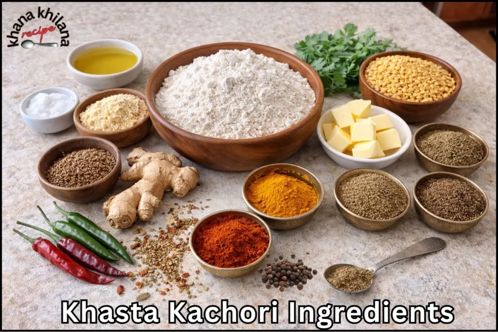 खस्ता कचौरी की सामग्री – मैदा, मूंग दाल और मसाले